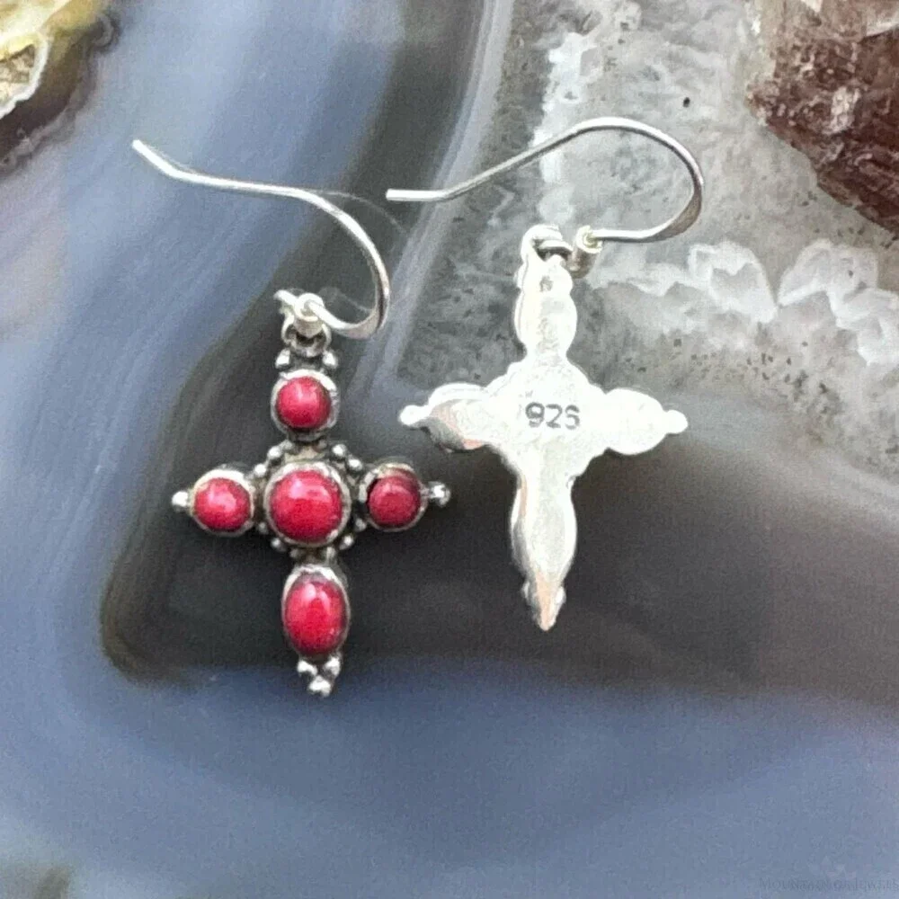 Sterling Silver Southwestern Style Red Jasper Cross Dangle Earrings For Women